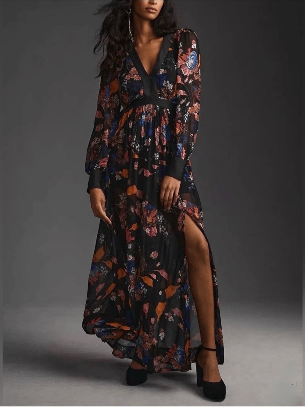 Maeve by Anthropologie Black Floral V-Neck Long Sleeve Maxi Dress with Slit